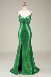 Glitzerndes Meerjungfrauen Spaghettiträger Kleid mit grünen Pailletten und langem Ballkleid mit Schlitz vorne